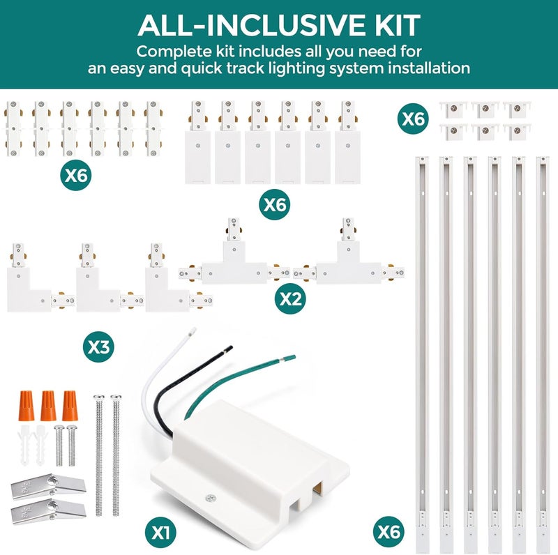 iCreating H Track Lighting Rails Kit - 20ft White Track Light Tracks 3 Wire with Floating Canopy Connector, I and L Connectors for Single Circuit H Type LED Tracks Lighting Heads Fixtures - Image 2